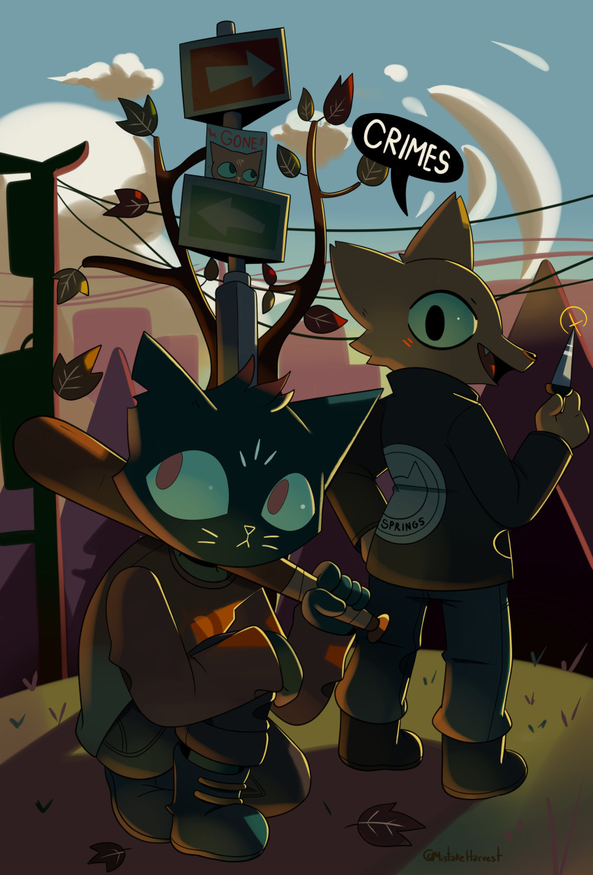 absurd_res anthro baseball_bat bat_(object) canid canine casey_hartley domestic_cat duo felid feline felis female fox gregg_lee hi_res mae_borowski male mammal mistakeharvest night_in_the_woods