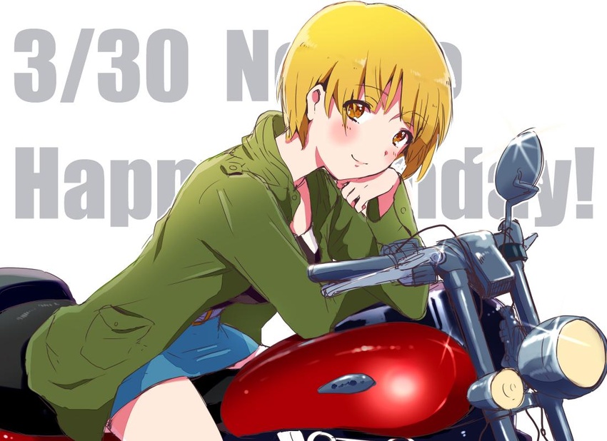 belt belt_buckle birthday black_shirt blonde_hair blue_skirt blunt_bangs breasts brown_eyes buckle buttons character_name cleavage closed_mouth commentary_request dated denim denim_skirt english_text eyes_visible_through_hair female fukuda_noriko green_jacket hand_on_own_chest happy_birthday hood hood_down hooded_jacket idolmaster idolmaster_million_live! jacket light_blush long_sleeves looking_at_viewer motor_vehicle motorcycle open_clothes open_jacket outline pocket shirt short_hair sitting skirt smile solo white_background white_belt white_outline witoi_(roa) yellow_eyes