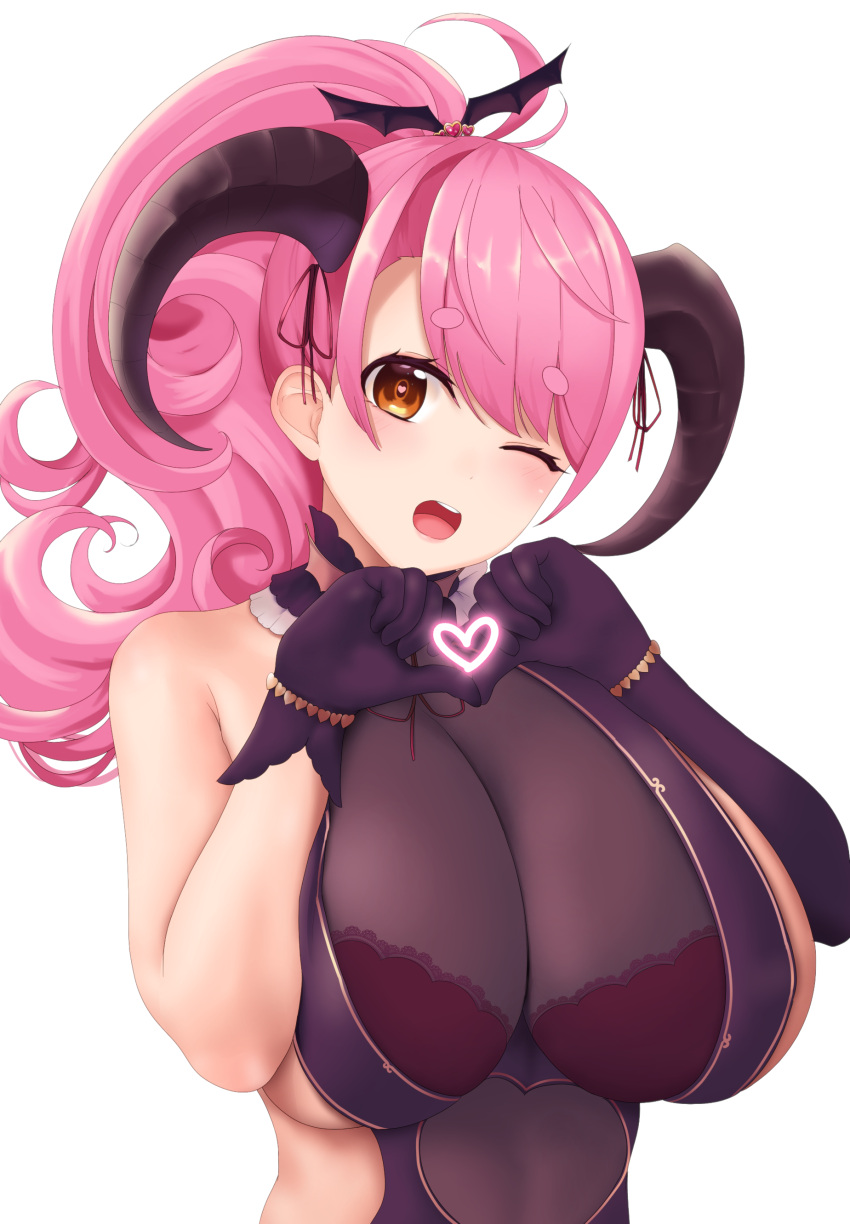 absurdres aizono_manami aizono_manami_(2nd_costume) asymmetrical_gloves bare_shoulders black_horns bra breasts commentary curled_horns curly_hair demon_horns dress elbow_gloves female gloves hair_ornament hair_ribbon heart heart_bracelet heart_hair_ornament heart_hands heart_in_eye highres horns huge_breasts lace-trimmed_bra lace_trim long_hair looking_at_viewer neck_ribbon nijisanji one_eye_closed open_mouth orange_eyes otohukebonne pink_hair pink_lips ponytail purple_dress purple_gloves red_bra red_ribbon ribbon sideboob simple_background single_elbow_glove smile solo swept_bangs symbol_in_eye teeth underwear upper_body upper_teeth_only virtual_youtuber white_background wing_hair_ornament