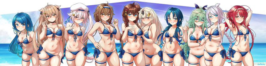 6+girls absurdres ahoge aqua_eyes aqua_hair arthur_ko bare_arms bare_legs bare_shoulders beret bikini black_choker black_ribbon blonde_hair blue_bikini blue_eyes blue_hair blush braid breasts brown_eyes brown_hair choker closed_mouth collarbone commentary_request cosplay cowboy_shot front-tie_bikini_top front-tie_top green_eyes grey_hair grin groin hair_between_eyes hair_flaps hair_ornament hair_ribbon hairclip hand_on_own_hip harusame_(kancolle) hat heterochromia highres holding holding_whistle index_finger_raised kantai_collection kawakaze_(kancolle) kawakaze_kai_ni_(kancolle) large_breasts leaning_forward light_brown_hair long_hair looking_at_viewer low_twintails medium_breasts mole mole_under_eye multiple_girls murasame_(kancolle) murasame_kai_ni_(kancolle) navel ocean pink_hair red_eyes red_hair ribbon samidare_(kancolle) shigure_(kancolle) shigure_kai_san_(kancolle) shigure_kai_san_(kancolle)_(cosplay) shigure_kai_san_(swimsuit)_(kancolle) shiratsuyu_(kancolle) shiratsuyu_kai_ni_(kancolle) side_ponytail sidelocks single_braid small_breasts smile suzukaze_(kancolle) swimsuit thigh_strap twin_braids twintails twitter_username two_side_up umikaze_(kancolle) umikaze_kai_ni_(kancolle) very_long_hair whistle whistle_around_neck white_headwear wide_image yamakaze_(kancolle) yamakaze_kai_ni_(kancolle) yellow_eyes yuudachi_(kancolle) yuudachi_kai_ni_(kancolle)