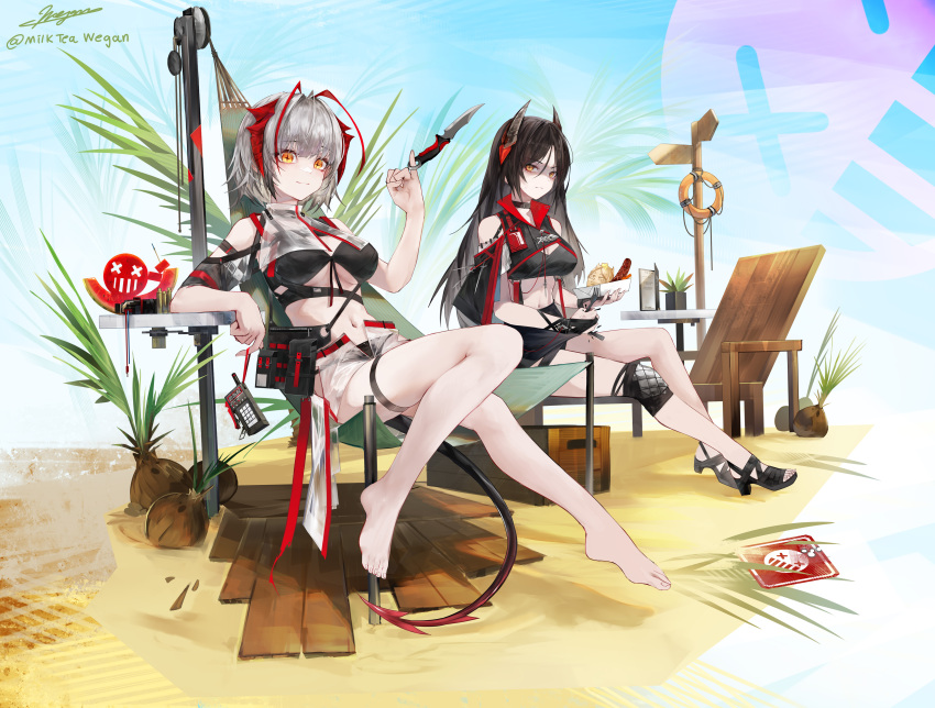 2girls absurdres antennae arknights arm_rest balancing_on_finger barefoot beach_chair bikini black_bikini black_footwear black_gloves black_hair black_horns breaking breasts bridal_gauntlets cleavage cleavage_cutout closed_mouth clothing_cutout clothing_request coconut commentary_request controller day demon_horns demon_tail detonator explosive feet food fork fruit full_body gloves grey_hair hair_between_eyes hammock highres holding holding_food holding_fork holding_remote_control horns hot_dog ines_(arknights) knee_pads knife large_breasts legs lifebuoy light_frown long_hair looking_at_viewer menu milktea_wegan multiple_girls navel parted_bangs pinky_out plant potted_plant red_horns remote_control sand sandals see-through see-through_shorts shaded_face shell_casing short_hair shorts sign signature signpost single_knee_pad sitting smile stomach swim_ring swimsuit symbol-shaped_pupils table tail thigh_strap toeless_footwear toenails toes twitter_username very_long_hair w_(arknights) watermelon watermelon_slice winch wire wooden_box yellow_eyes