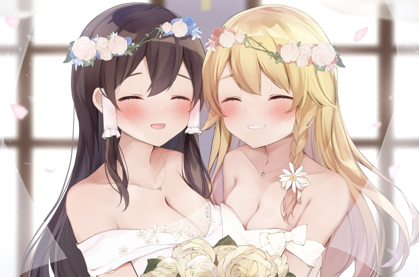 2girls :d asymmetrical_docking bare_shoulders blonde_hair blush bouquet braid breast_press breasts bride brown_hair cleavage closed_eyes collarbone commentary_request dress grin hair_tubes hakurei_reimu happy head_wreath heart heart_necklace highres jewelry karasusou_nano kirisame_marisa large_breasts long_hair medium_breasts multiple_girls necklace off-shoulder_dress off_shoulder open_mouth single_braid smile strapless strapless_dress touhou upper_body wedding wedding_dress white_dress wife_and_wife yuri