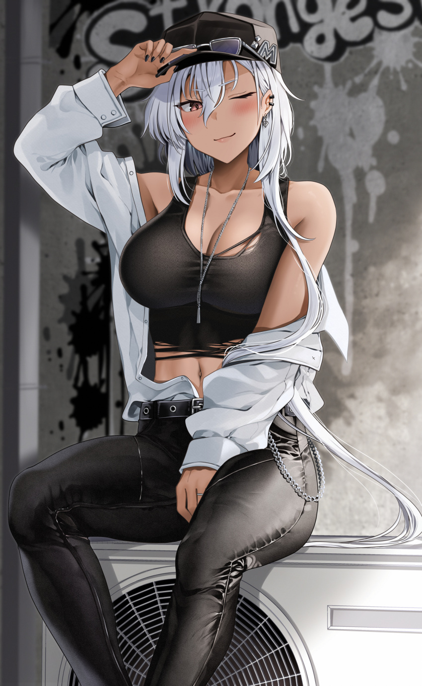 absurdres air_conditioner belt black_nails black_pants breasts dark-skinned_female dark_skin ear_piercing eyewear_on_head female glasses graffiti hair_between_eyes highres jacket jewelry kantai_collection large_breasts musashi_(kancolle) musashi_kai_ni_(kancolle) necklace no_eyewear one_eye_closed pants piercing red_eyes short_hair_with_long_locks smile white_hair yunamaro