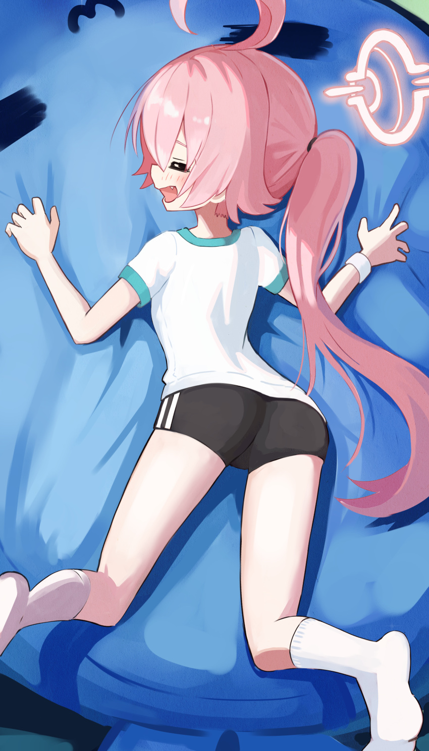 =_= absurdres ahoge alternate_costume black_buruma blue_archive blush buruma cushion cushion_grab feet_up female foot_out_of_frame gym_shirt gym_uniform halo highres hoshino_(blue_archive) legs lying no_shoes oerba_yun_fang on_stomach pink_hair ponytail profile shirt short_sleeves smile socks soles solo thomason366 white_socks wristband