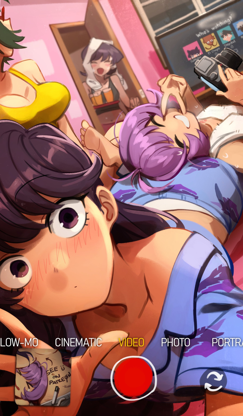 1other 3girls :d ^_^ absurdres agari_himiko blue_shirt blush breasts camisole cleavage closed_eyes commentary english_commentary grin highres khyle. komi-san_wa_komyushou_desu komi_shouko komi_shuuko large_breasts lipstick_mark looking_at_viewer mature_female multiple_girls nose_blush open_mouth osana_najimi_(komi-san_wa_komyushou_desu) purple_hair shirt silhouette sleepover smile towel towel_on_head when_you_see_it