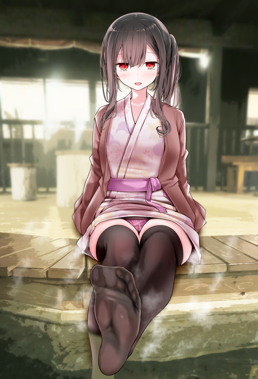 ashiyu blurry blurry_background blush breasts brown_hair brown_jacket brown_thighhighs collarbone depth_of_field double-parted_bangs eyelashes feet female fine_fabric_emphasis foot_bath foot_out_of_frame hair_between_eyes haori highres jacket japanese_clothes jitome kimono knees_together_feet_apart legs long_hair long_sleeves medium_breasts no_shoes one_side_up onsen oouso open_mouth original panties pink_kimono pink_panties print_kimono purple_sash red_eyes sash short_kimono sitting soaking_feet soles solo spread_toes steam thighhighs thighs toes underwear