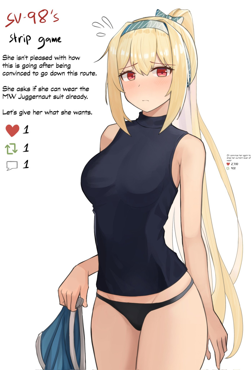 black_panties blonde_hair breasts commentary corrupted_twitter_file english_commentary english_text female gamryous girls'_frontline highres long_hair meme no_pants panties ponytail red_eyes shirt simple_background sleeveless sleeveless_shirt solo sv-98_(girls'_frontline) sv-98_(mod3)_(girls'_frontline) twitter_strip_game_(meme) underwear white_background