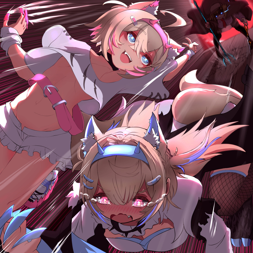 3girls animal_ear_fluff animal_ears belt black_collar black_jacket blonde_hair blue_eyes blue_hair blush breasts brown_coat cleavage cleavage_cutout clothing_cutout coat collar cropped_shirt crossed_bangs deerstalker dog_ears dog_girl dog_tail dress fake_claws flat_chest frilled_shorts frills fur-trimmed_jacket fur_trim fuwawa_abyssgard fuwawa_abyssgard_(1st_costume) hair_ornament hairpin hat highres holding_trident hololive hololive_english jacket large_breasts long_hair looking_at_viewer medium_hair mococo_abyssgard mococo_abyssgard_(1st_costume) multicolored_hair multiple_girls necktie oerba_yun_fang open_mouth pink_belt pink_eyes pink_hair red_necktie shirt shoes short_shorts shorts siblings sidelocks single_fishnet_legwear sisters sneakers spiked_collar spikes streaked_hair tail tears twins two_side_up unmi virtual_youtuber watson_amelia watson_amelia_(1st_costume) white_dress white_footwear white_shirt white_shorts x_hair_ornament