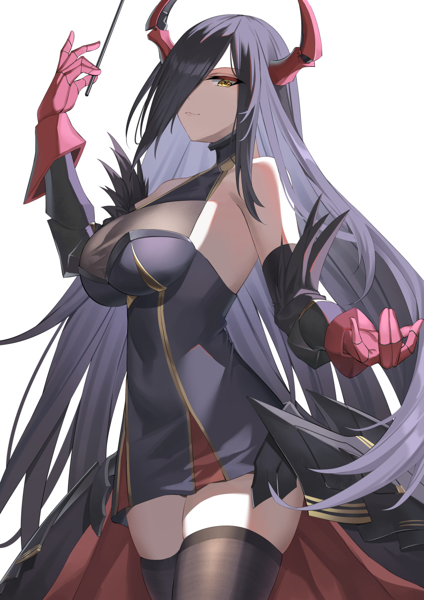 absurdres angel_no_shousou azur_lane bare_shoulders black_dress black_hair black_thighhighs breasts cowboy_shot detached_sleeves dress female friedrich_der_grosse_(azur_lane) gloves gold_trim hair_over_one_eye highres large_breasts long_hair looking_at_viewer red_gloves see-through short_dress simple_background solo thighhighs very_long_hair white_background yellow_eyes zettai_ryouiki