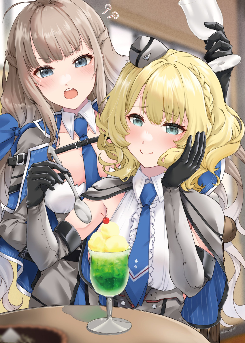 2girls absurdres ahoge black_gloves blonde_hair blue_eyes blue_necktie braid breasts center_frills closed_mouth collared_shirt colorado_(kancolle) cream_soda cup drink eating elbow_gloves french_braid frills garrison_cap gloves grey_headwear hat highres holding holding_cup holding_spoon kantai_collection large_breasts long_hair maryland_(kancolle) multiple_girls necktie open_mouth shiomugi_(shio_mugi1107) shirt short_hair sleeveless sleeveless_shirt smile spoon white_shirt