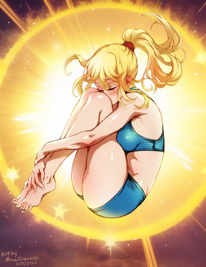 bare_arms bare_legs barefoot blonde_hair blue_sports_bra blush breasts closed_eyes crop_top english_commentary feet female fetal_position folded full_body gameplay_mechanics high_ponytail highres knees_up legs legs_together long_hair medium_breasts metroid mina_cream samus_aran short_shorts shorts solo sports_bra super_metroid thighs toenails toes