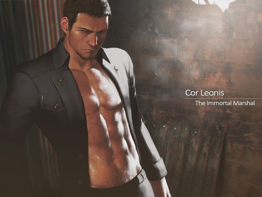 1boy abs bara black_hair black_jacket black_pants character_name closed_mouth cor_leonis english_text facial_hair final_fantasy final_fantasy_xv jacket large_pectorals male_focus muscular muscular_male navel open_clothes open_jacket pants pectorals penguin_frontier short_hair solo