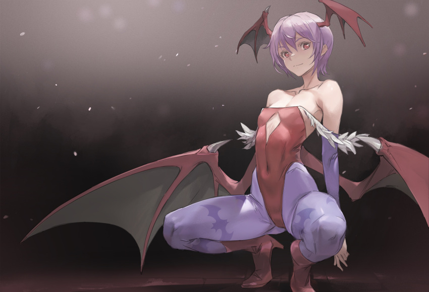 akira_(coffee_curry) bare_shoulders black_background closed_mouth commentary_request covered_navel demon_girl demon_wings female flat_chest gradient_background head_wings highres leotard lilith_aensland looking_at_viewer pantyhose purple_hair purple_pantyhose red_eyes red_footwear red_leotard red_wings short_hair solo squatting vampire_(game) wings