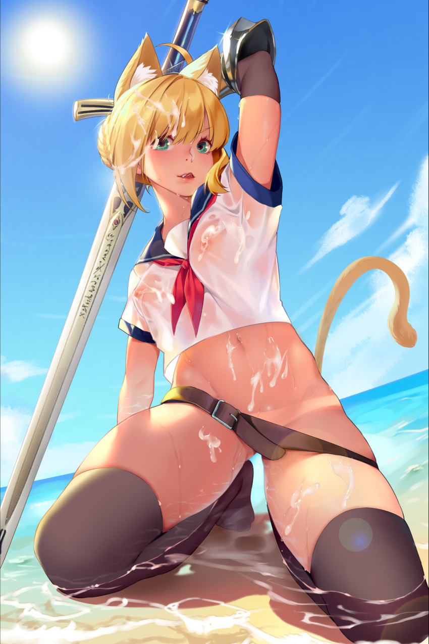 absurdres animal_ears arm_up armor artoria_pendragon_(fate) belt belt_skirt blonde_hair breasts bukkake cat_ears cat_tail convenient_censoring covered_nipples cum cum_on_body cum_on_clothes cum_on_hair cum_on_stomach elbow_gloves fate/stay_night fate_(series) female glint gloves groin highres holding holding_sword holding_weapon medium_breasts navel_piercing no_bra no_panties outdoors piercing runiechan0 saber_(fate) school_uniform see-through serafuku shirt skindentation solo sword tail tan tanlines thighhighs tongue tongue_out weapon wet wet_clothes wet_shirt