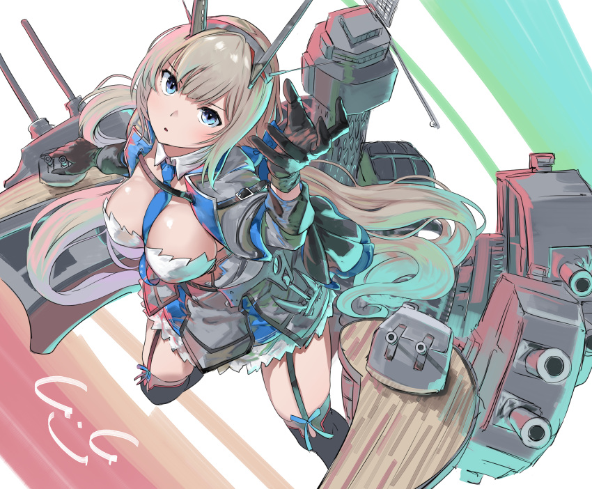 black_gloves blue_eyes blue_necktie breasts cannon detached_collar dress female from_above garter_straps gegeron gloves grey_dress grey_hair highres kantai_collection looking_at_viewer low_twintails machinery maryland_(kancolle) necktie rigging solo turret twintails