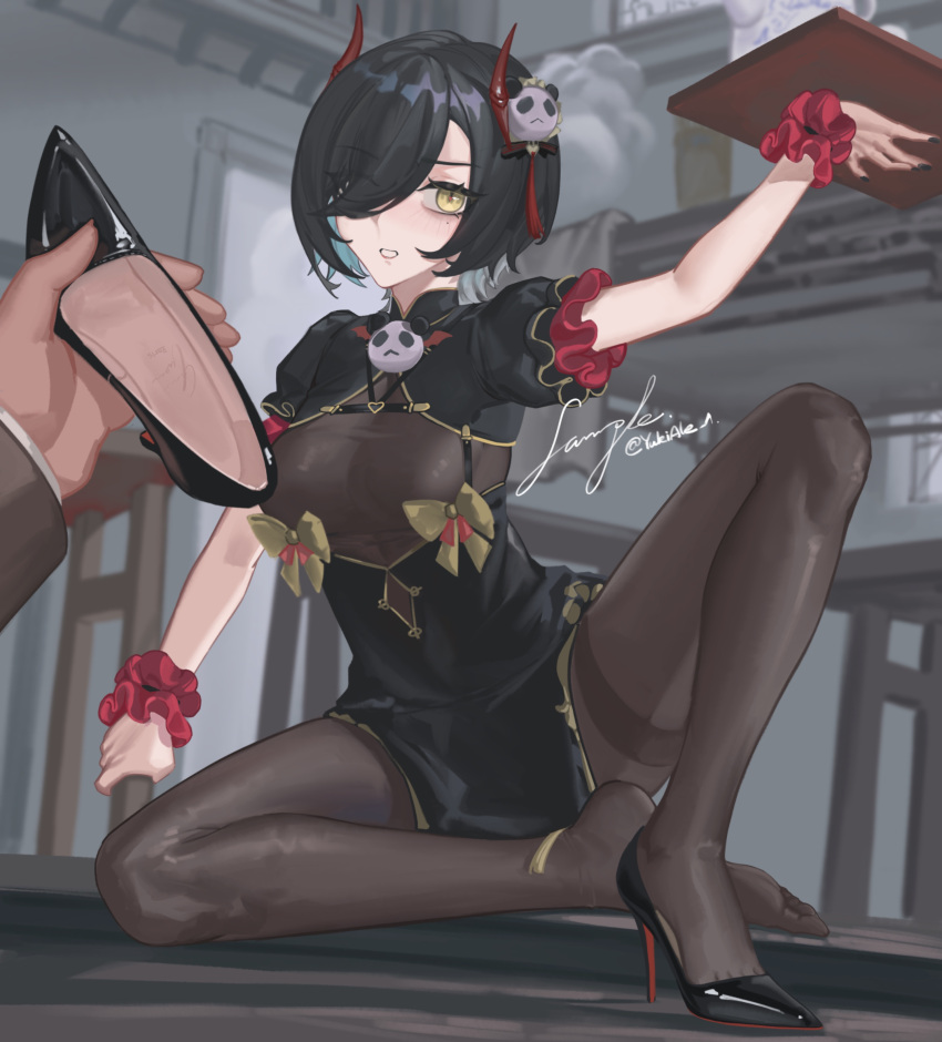 1boy absurdres artist_name azur_lane black_dress black_footwear black_nails breasts brown_pantyhose china_dress chinese_clothes colored_inner_hair commentary_request dress english_commentary feet female frilled_sleeves frills full_body gold_trim grey_background hair_ornament hair_over_one_eye high_heels highres holding holding_tray horns indoors legs looking_at_viewer medium_breasts medium_hair mixed-language_commentary multicolored_hair no_shoes on_ground one_eye_covered paid_reward_available panda_hair_ornament pantyhose pov puffy_short_sleeves puffy_sleeves red_horns sample_watermark scrunchie shoes short_dress short_sleeves signature single_shoe sitting solo_focus stiletto_heels swept_bangs tassel thighband_pantyhose thighs toe_cleavage toes tray twitter_username ulrich_von_hutten_(azur_lane) unworn_shoes watermark wrist_scrunchie yellow_eyes yukiale