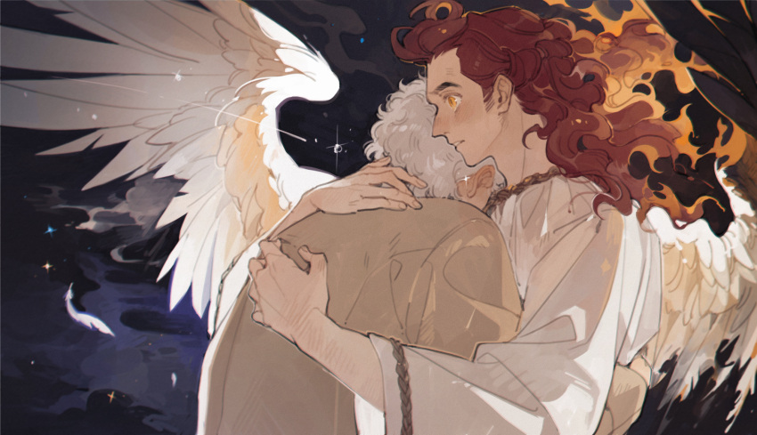 2023 angel angel_humanoid aziraphale_(good_omens) clothing crowley_(good_omens) curled_hair duo fallen_angel feathered_wings feathers fire good_omens hair hi_res hug humanoid long_hair luminous_slime male male/male not_furry red_hair robe shocked shooting_star short_hair sky smoke star white_wings winged_humanoid wings yellow_eyes