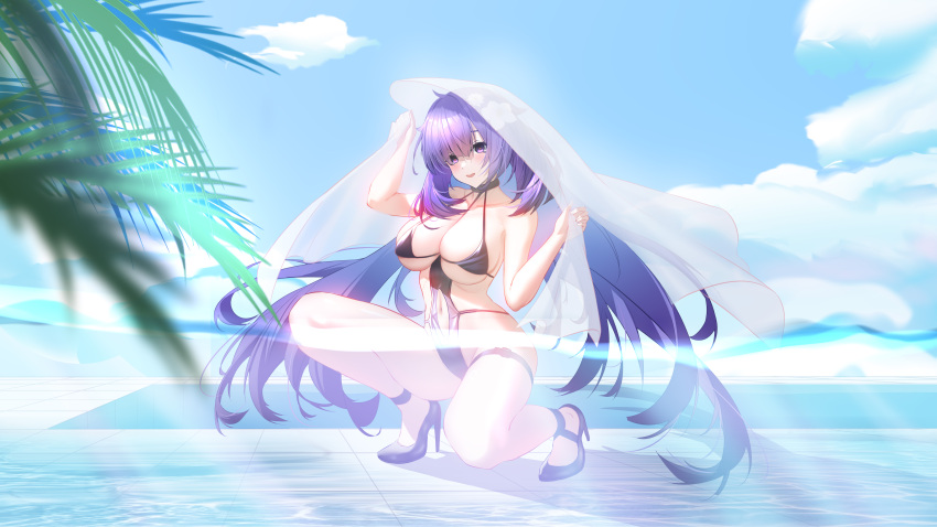 absurdres azur_lane black_footwear black_one-piece_swimsuit blanket blue_sky breasts flower full_body hair_flower hair_ornament high_heels highres holding holding_blanket large_breasts long_hair looking_at_viewer mogador_(azur_lane) mogador_(locker_room_lechery)_(azur_lane) official_alternate_costume one-piece_swimsuit palm_leaf partially_underwater_shot purple_eyes purple_hair see-through shoes sky swimsuit thunder-35 very_long_hair water white_flower