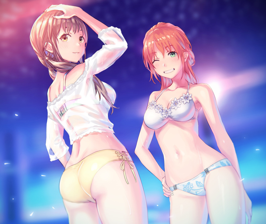 2girls absurdres anbe_yoshirou arm_up ass bare_arms bare_shoulders bikini blurry blurry_background blush breasts brown_hair character_request cleavage commentary_request fingernails from_behind green_eyes grin hand_on_own_head hand_on_own_hip highres lips long_hair looking_at_viewer looking_back medium_breasts multiple_girls natsume_itsumi navel one_eye_closed orange_hair parted_lips school_girl_strikers see-through side-tie_bikini_bottom smile stomach swimsuit teeth thighs wet wet_clothes