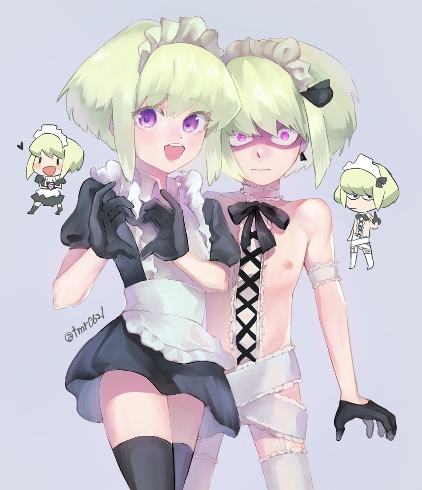 2boys alternate_costume angry apron bad_id bad_twitter_id belt black_dress blonde_hair blush dress dual_persona enmaided frills gloves green_hair heart heart_hands highres jewelry lio_fotia long_hair looking_at_viewer maid maid_apron maid_headdress male_focus multiple_boys one_eye_closed otoko_no_ko promare puffy_short_sleeves puffy_sleeves ribbon short_sleeves simple_background smile tmr0621 waist_apron