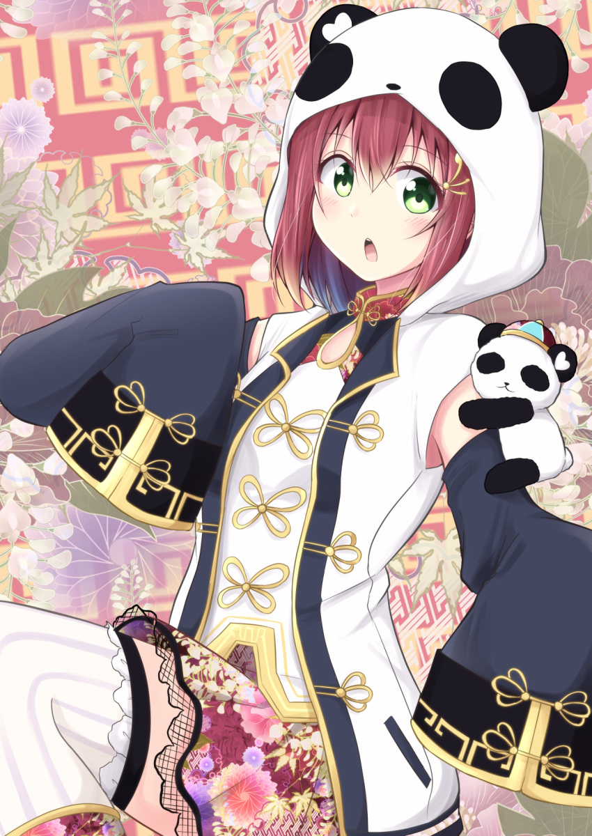 animal_costume aqua_eyes blush chinese_clothes chiro_(bocchiropafe) commentary_request detached_sleeves female floral_background floral_print hair_ornament highres hood hood_up kojitsunagi_(pattern) kurosawa_ruby lace lace-trimmed_skirt lace_trim leg_up long_sleeves looking_at_viewer love_live! love_live!_school_idol_festival love_live!_sunshine!! open_mouth panda panda_costume peony_print red_hair skirt standing standing_on_one_leg teeth thighhighs