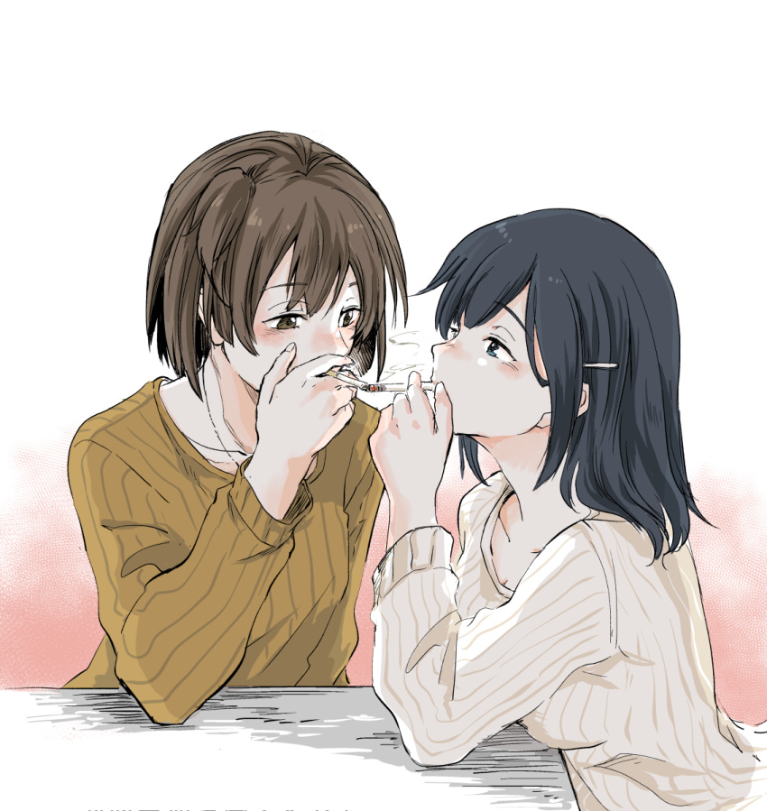 2girls alternate_costume alternate_hairstyle black_hair brown_eyes brown_hair cigarette cigarette_kiss commentary_request gradient_background green_eyes highres hiryuu_(kancolle) kantai_collection long_hair multiple_girls pink_background ribbed_sweater short_hair smoking souryuu_(kancolle) sweater table upper_body uzaki_(jiro) white_background white_sweater yellow_sweater yuri