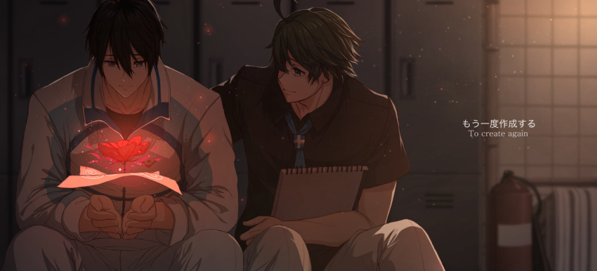 2boys black_hair black_shirt blue_neckwear blurry blurry_background closed_mouth collarbone collared_shirt commentary_request company_connection crossover depth_of_field dishwasher1910 english_text fire_extinguisher flower free! glowing glowing_flower hair_between_eyes ichijou_haruhiko indoors jacket kyoto_animation locker locker_room long_sleeves male_focus multiple_boys musaigen_no_phantom_world nanase_haruka_(free!) pants red_eyes red_flower red_rose rose shirt short_sleeves sitting smile tile_wall tiles track_jacket track_pants white_jacket white_pants