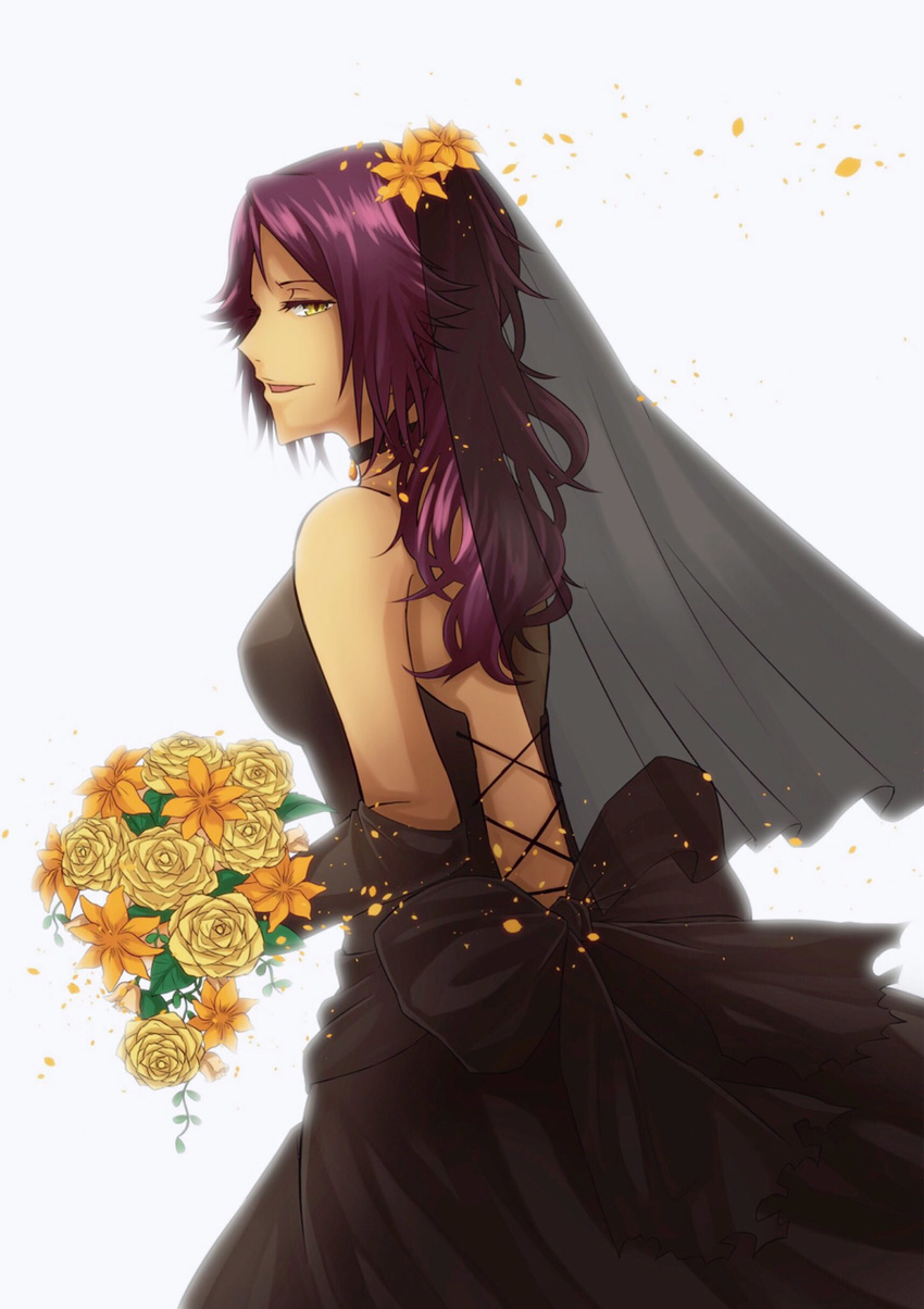 back black_ribbon black_wedding_dress bleach bouquet breasts dark_skin dress elbow_gloves female flower hair_flower hair_ornament half-closed_eyes light_smile looking_at_viewer neckwear open_mouth orange_flower purple_hair ribbon shihouin_yoruichi sideboob solo veil wavy_hair wedding wedding_dress white_background wife yellow_eyes yellow_flower