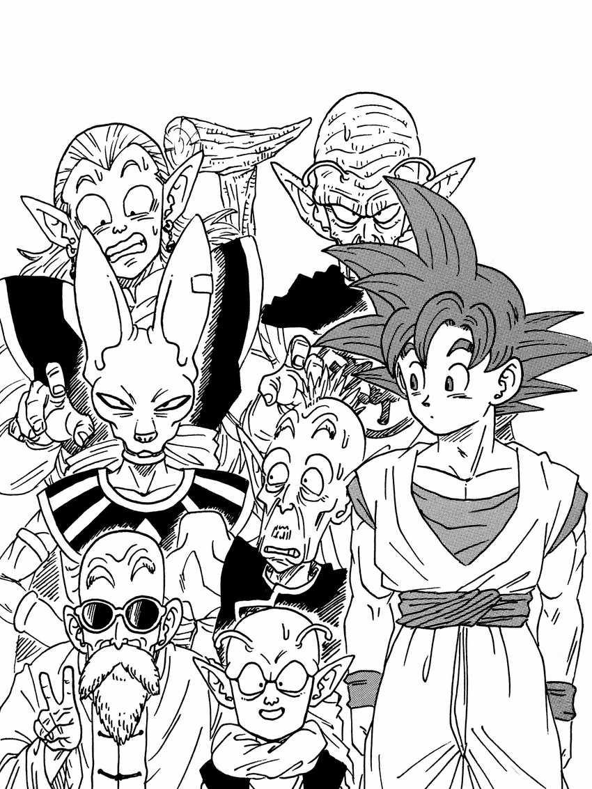 6+boys antennae armband bald beard beerus cane clenched_teeth commentary dende dougi dragon_ball dragon_ball_z earrings egyptian_clothes facial_hair greyscale highres ink_(medium) jewelry kami-sama kibitoshin lee_(dragon_garou) long_hair male_focus mixed_media mohawk monochrome moustache multiple_boys muten_roushi open_mouth pointy_ears potara_earrings rou_kaioushin smile son_goku sunglasses super_saiyan super_saiyan_god sweat teeth time_paradox toriyama_akira_(style) traditional_media trait_connection v wristband