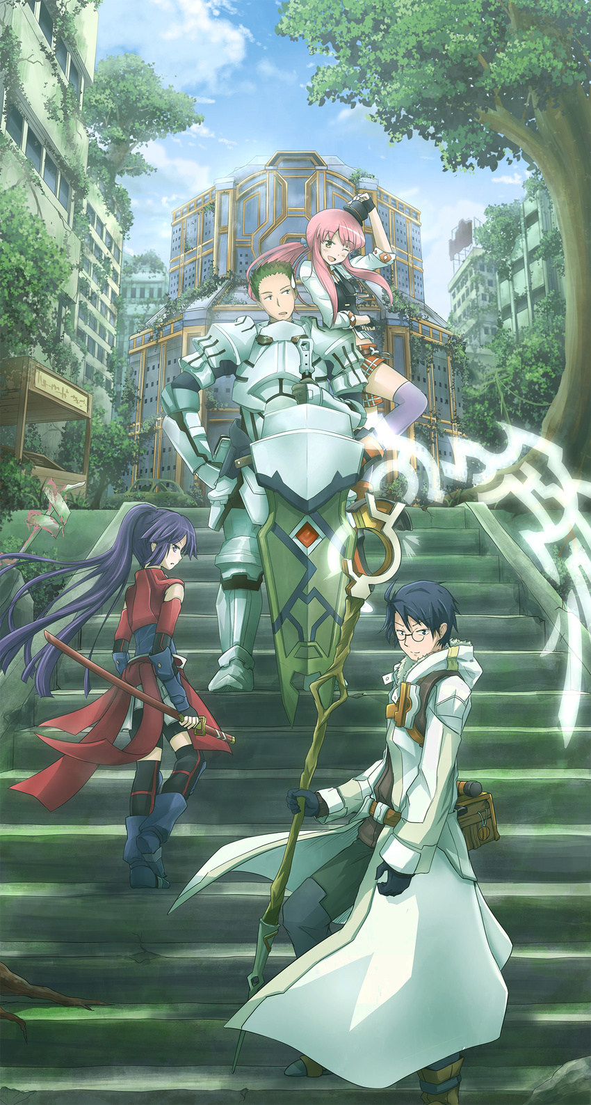 2boys 2girls absurdres ahoge akatsuki_(log_horizon) arm_up armor armored_boots asakurashinji bike_shorts black_gloves black_hair black_hat black_legwear black_pants black_shorts boots cloak commentary_request day detached_sleeves fingerless_gloves floating_hair full_armor glasses gloves green_hair hair_between_eyes hand_on_own_hip hat high_ponytail highres holding holding_staff holding_sword holding_weapon leg_up log_horizon long_hair looking_at_viewer looking_back mini_hat multiple_boys multiple_girls naotsugu_(log_horizon) outdoors pants photoshop_(medium) pink_hair purple_hair purple_legwear sheath sheathed shield shiroe_(log_horizon) short_hair shorts staff stairs sweatdrop sword tetra_(log_horizon) thighhighs tree very_long_hair very_short_hair weapon white_cloak