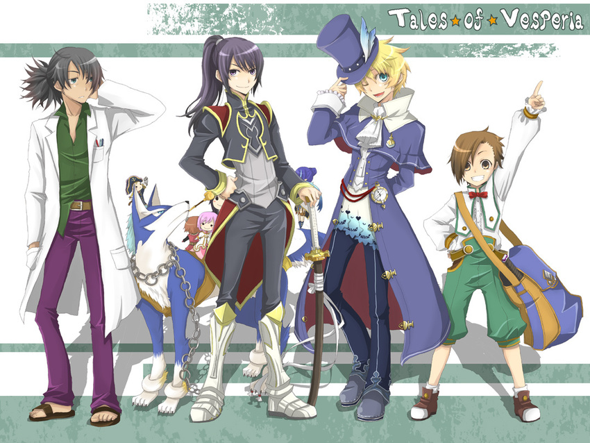 4boys alternate_costume bangs black_hair blonde_hair blue_eyes boots brown_hair canine character_doll character_request company_connection copyright_name cosplay estellise_sidos_heurassein flynn_scifo frederic_chopin frederic_chopin_(cosplay) full_body hat high_ponytail judith karol_capel kawamura_raichi knee_boots male_focus multiple_boys namco one_eye_closed patty_fleur ponytail raven_(tov) repede rita_mordio sword tales_of_(series) tales_of_vesperia top_hat trusty_bell weapon white_background wink yuri_lowell