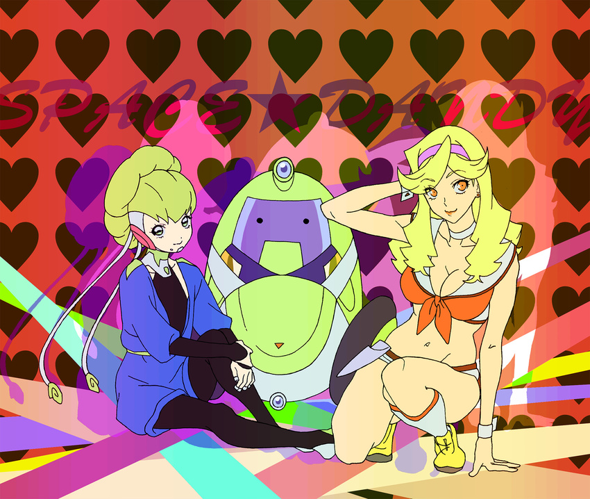 adelie_(space_dandy) arm_up bad_id bad_pixiv_id banned_artist blonde_hair bow breasts cleavage copyright_name grey_eyes hairbow heart highres honey_(space_dandy) large_breasts long_hair looking_at_viewer multiple_girls navel orange_eyes ozaki_(nattohda) qt_(space_dandy) robot smile space_dandy