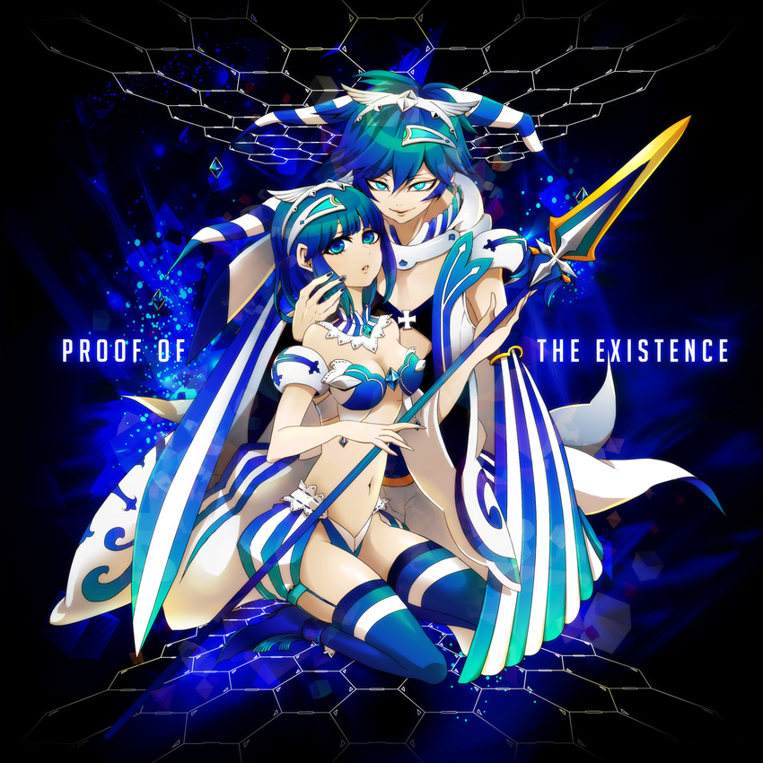 1boy ao_no_repika ao_no_rupika asakura_toki bare_shoulders beatmania_iidx blue_hair blue_thighhighs closed_eyes commentary_request female garter_straps hairband highres nail_polish navel polearm short_hair skirt smirk spear thighhighs weapon