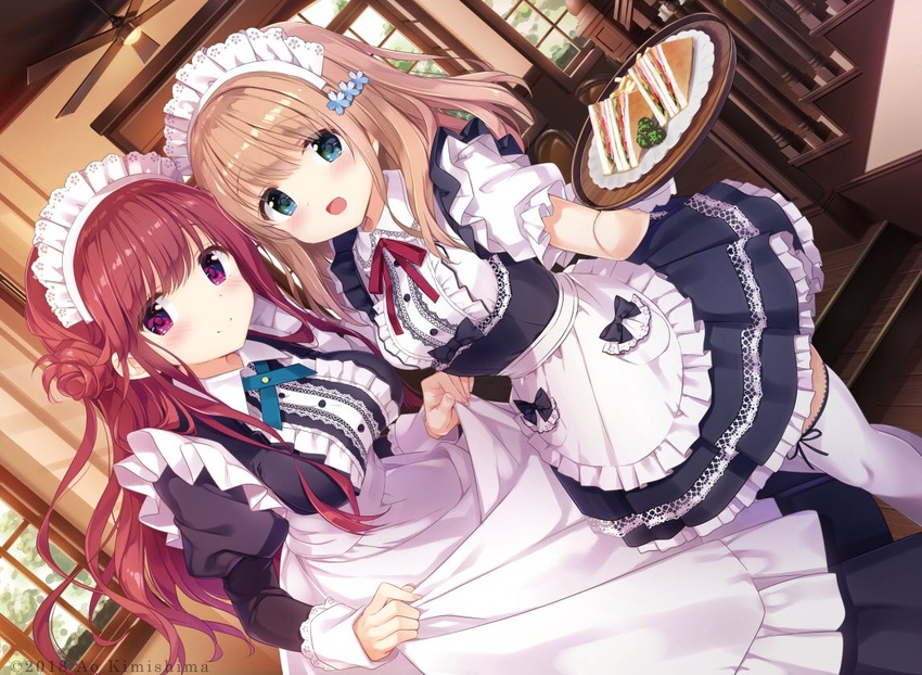 2girls :d apron blue_eyes blue_neckwear blush brown_hair commentary_request curtsey dress dutch_angle flower food hair_flower hair_ornament holding holding_tray indoors juliet_sleeves kimishima_ao long_dress long_hair long_sleeves looking_at_viewer maid maid_apron maid_headdress momoi_saki multiple_girls neck_ribbon open_mouth original parsley puffy_sleeves purple_eyes red_hair red_ribbon ribbon sandwich shirayuri_riko short_sleeves skirt_hold smile thighhighs tray white_legwear window