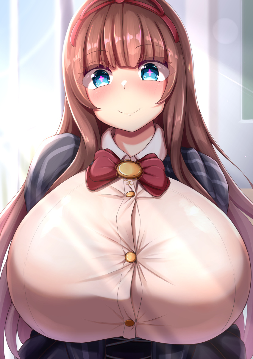 .live absurdres blue_eyes blush bow breasts breasts_squeezed_together brooch brown_hair buttons commission dot_nose female hairbow highres huge_breasts jewelry kakyouin_chieri long_hair looking_at_viewer pixiv_commission red_bow shirt sinape smile solo symbol-shaped_pupils upper_body virtual_youtuber white_shirt