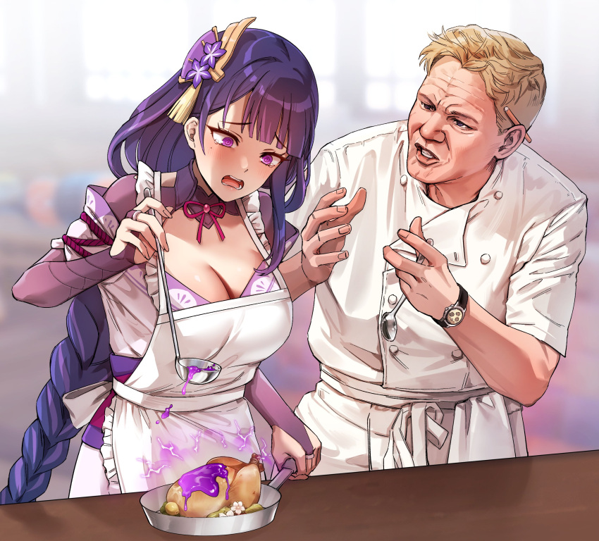 1boy @_@ absurdres apron blonde_hair blunt_bangs blurry blurry_background braid breasts bridal_gauntlets chef cooking crossover electricity female food foxyreine frilled_apron frills frying_pan genshin_impact gordon_ramsay hair_ornament hand_up hands_up hell's_kitchen highres holding indoors ladle large_breasts long_hair low-braided_long_hair low-tied_long_hair mole mole_under_eye neck_ribbon obi open_mouth parted_lips pencil_behind_ear purple_eyes purple_hair raiden_shogun raised_eyebrows real_life real_life_insert revision ribbon sash short_hair spoon tearing_up watch white_apron window wrinkled_skin wristwatch