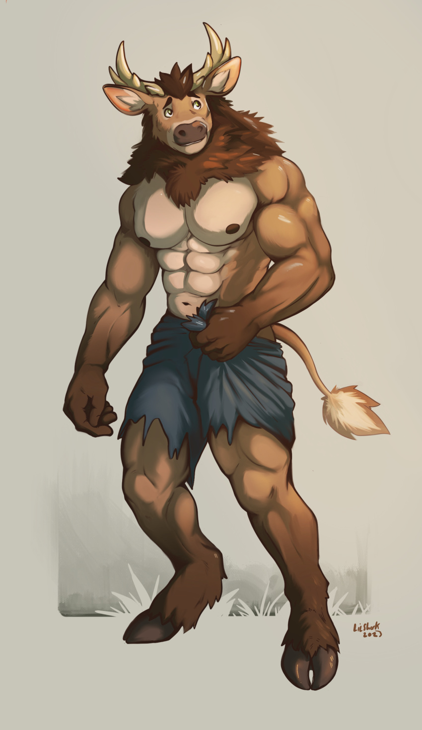 absurd_res anthro antlers barazoku bison bovid bovine buffalo deer hi_res hooves horn lilshark male mammal mane nipples ruff solo_focus