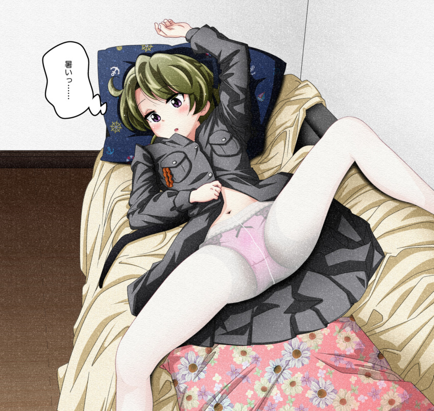 :o absurdres arm_up bapio black_dress black_ribbon bow bow_panties brown_hair collared_dress commentary_request commission couch crotch_seam dress english_commentary female girls_und_panzer gusset hair_ribbon highres indoors japanese_tankery_league_judge_uniform long_sleeves looking_to_the_side lying medium_hair mixed-language_commentary navel on_back on_couch panties panties_under_pantyhose pantyhose partial_commentary partially_unbuttoned pillow pixiv_commission purple_eyes purple_panties ribbon solo spread_legs takashima_remi translated underwear white_pantyhose