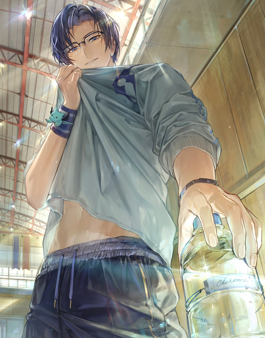 1boy absurdres black_pants blue_eyes blue_hair blue_shirt bottle clarence_clayden clothes_pull drawstring from_below glasses gym hataya highres holding holding_bottle indoors looking_at_viewer lovebrush_chronicles male_focus midriff_peek mole mole_under_eye pants parted_bangs parted_lips shirt shirt_pull short_hair sleeves_rolled_up smile solo standing sweat truss watch water_bottle wiping_sweat wristband wristwatch