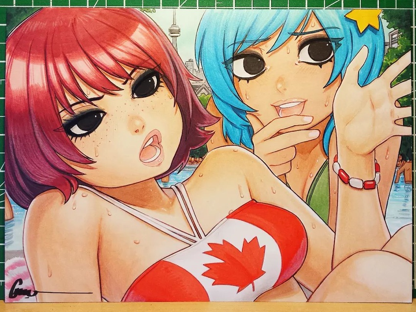 2girls art_tools_in_frame artist_name bare_shoulders bikini black_eyes blue_hair bob_cut bracelet breasts canadian_flag canadian_flag_print cityscape close-up cn_tower commentary english_commentary eyelashes freckles green_bikini hair_ornament halterneck hand_on_own_chin hand_up jewelry kim_pine leaf lips looking_afar looking_ahead maple_leaf marker_(medium) medium_breasts multiple_girls omar_dogan open_mouth outdoors photo_(medium) pool poolside ramona_flowers red_bikini red_hair scott_pilgrim_(series) short_hair signature star_(symbol) star_hair_ornament swept_bangs swimsuit talking teeth toronto towel traditional_media tree two-tone_bikini upper_teeth_only water wet white_bikini