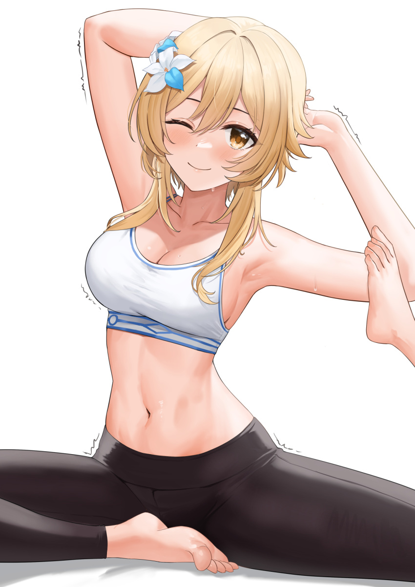 ;) arm_behind_head armpits ayul_(ayulneri_92) barefoot blonde_hair breasts cleavage commentary_request feet female genshin_impact hair_between_eyes highres looking_at_viewer lumine_(genshin_impact) medium_breasts navel one_eye_closed pants pigeon_pose short_hair short_hair_with_long_locks simple_background smile solo sports_bra stretching sweat toes trembling underwear white_background white_sports_bra yellow_eyes yoga yoga_pants