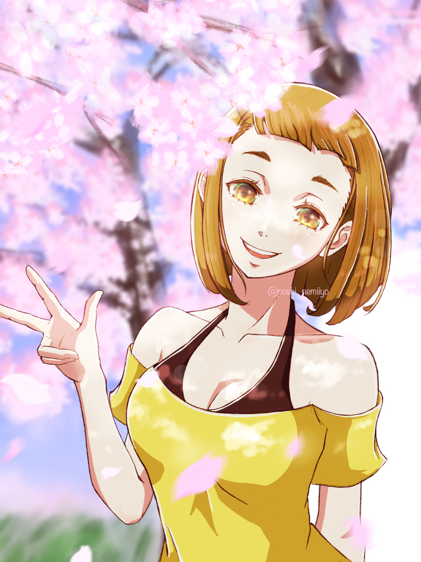 absurdres aged_up artist_name bob_cut breasts brown_eyes brown_hair cherry_blossoms cleavage collarbone day female halterneck hand_up highres medium_hair outdoors poshi_nemiiyo shirt smile solo sora_yori_mo_tooi_basho tamaki_mari upper_body v yellow_shirt