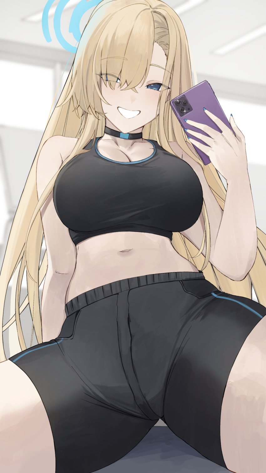 alternate_costume asuna_(blue_archive) bare_shoulders black_choker black_shorts black_sports_bra blonde_hair blue_archive blue_eyes breasts cellphone choker cleavage commentary crop_top female grin halo hand_up highres holding holding_phone indoors large_breasts long_hair looking_at_viewer midriff navel phone ref_(pmxt4483) shorts sitting smartphone smile solo sports_bra stomach thighs very_long_hair