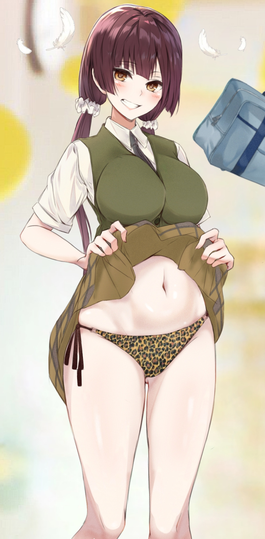 aihara_academy_school_uniform animal_print bad_id bad_pixiv_id blush breasts brown_hair citrus_(saburouta) clothes_lift collared_shirt female gangshangguang_(smjy5842) highres large_breasts leopard_print long_hair looking_at_viewer navel necktie open_mouth pleated_skirt school_uniform shirt short_sleeves skirt skirt_lift smile solo taniguchi_harumi thong twintails uniform vest white_shirt