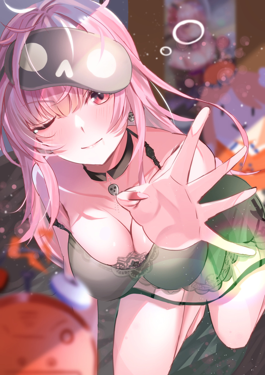 blush breasts collarbone female highres hololive hololive_english large_breasts lens_flare light_particles long_hair mask mask_on_head messy_hair mori_calliope mori_calliope_(sleepwear) official_alternate_costume official_alternate_hairstyle on_bed one_eye_closed pink_eyes pink_hair pink_nails reaching reaching_towards_viewer skull_choker sleep_mask sleepy smol_kiara spread_fingers sunlight takanashi_kiara virtual_youtuber zacky