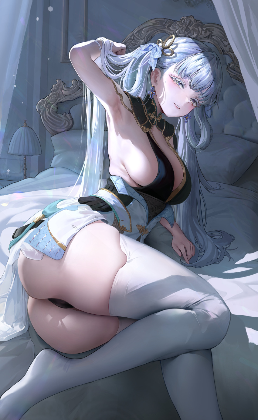 absurdres arm_up armpits ass black_dress bow breasts chrysa_(_sa0ru) dress earrings female grey_eyes grey_hair hair_ornament hair_rings hairbow highres jewelry jinhsi_(wuthering_waves) large_breasts long_hair looking_at_viewer medium_breasts mole on_bed parted_lips ribbon solo thighhighs twintails very_long_hair white_eyes white_hair wuthering_waves