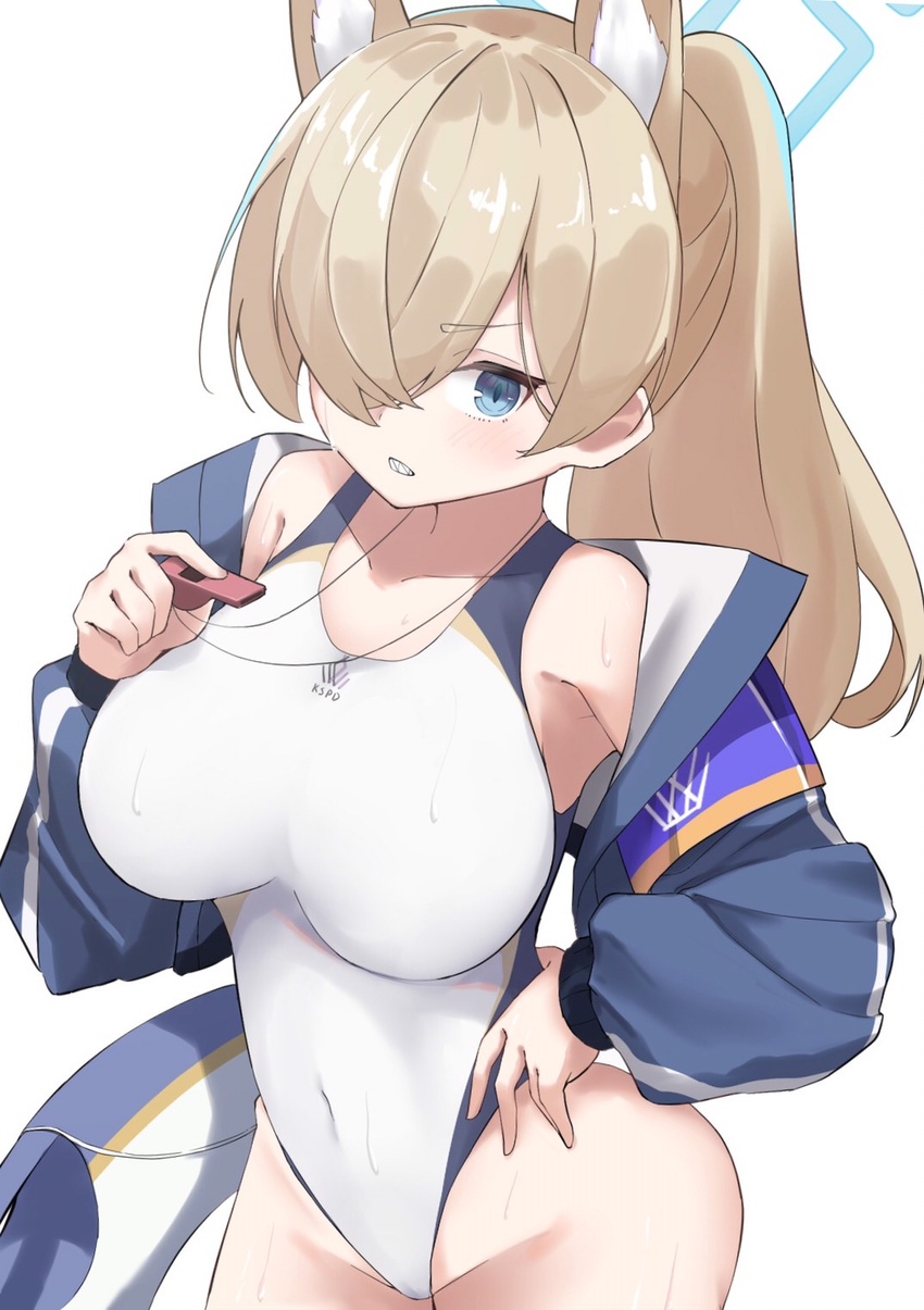 animal_ear_fluff animal_ears blonde_hair blue_archive blue_eyes blue_halo breasts competition_swimsuit covered_navel dog_ears extra_ears hair_over_one_eye halo highres holding holding_whistle jacket kanna_(blue_archive) kanna_(swimsuit)_(blue_archive) large_breasts off_shoulder one-piece_swimsuit open_clothes open_jacket osmium-76 purple_armband red_whistle sharp_teeth simple_background swimsuit teeth whistle whistle_around_neck white_background white_one-piece_swimsuit