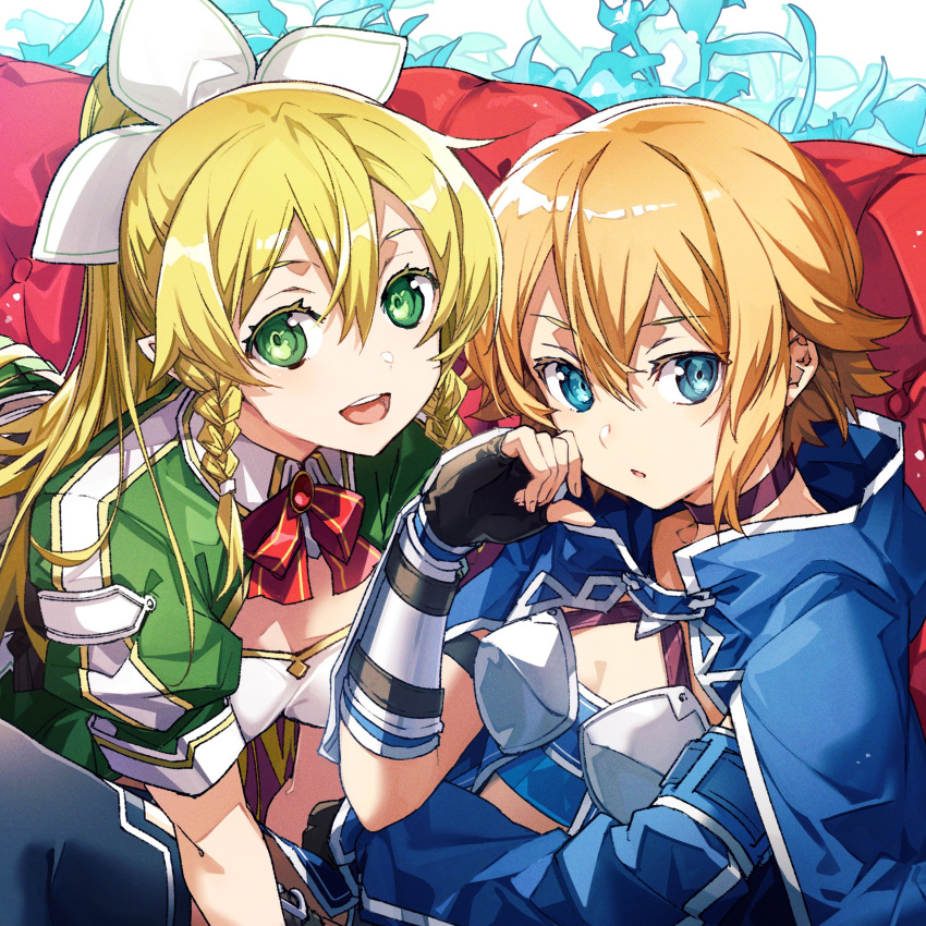 2girls arm_guards black_gloves blonde_hair blue_eyes braid breasts choker fingerless_gloves gloves green_eyes hair_between_eyes highres leafa long_hair looking_at_viewer medium_breasts multiple_girls open_mouth philia_(sao) ponytail short_hair sword_art_online teeth twin_braids upper_teeth_only yoru_kiri