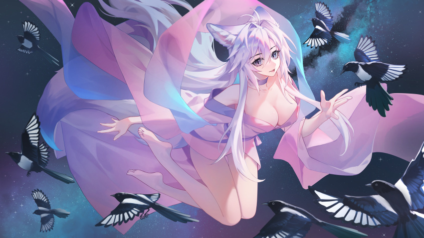 absurdres animal_ears bare_shoulders barefoot bird breasts chinese_clothes choker cleavage eurasian_magpie feet female flying fox_ears galaxy hair_between_eyes highres kirby_d_a large_breasts legs long_hair long_sleeves looking_at_viewer magpie md5_mismatch milky_way oerba_yun_fang open_mouth original revision soles solo star_(sky) toes white_hair wide_sleeves