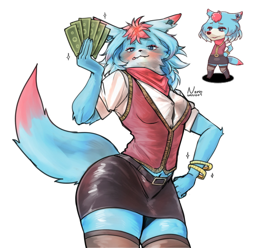 anthro ass banknote belt big_butt blue_body blue_fur blush bottomwear bracelet canid canine canis clothing ear_piercing eyeshadow female fur hair hi_res jewelry legwear looking_at_viewer makeup mammal miniskirt money multicolored_body multicolored_fur navel noruru3737 piercing red_eyeshadow red_hair scarf shirt simple_background skirt smug smug_face solo stockings suspiciously_wealthy_furry thick_thighs tongue tongue_out topwear trickcal vest white_body white_fur wolf